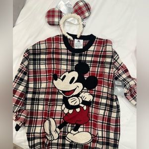 NWT Disney Mickey Mouse Holiday Plaid Spirit Jersey Sweater with matching ears